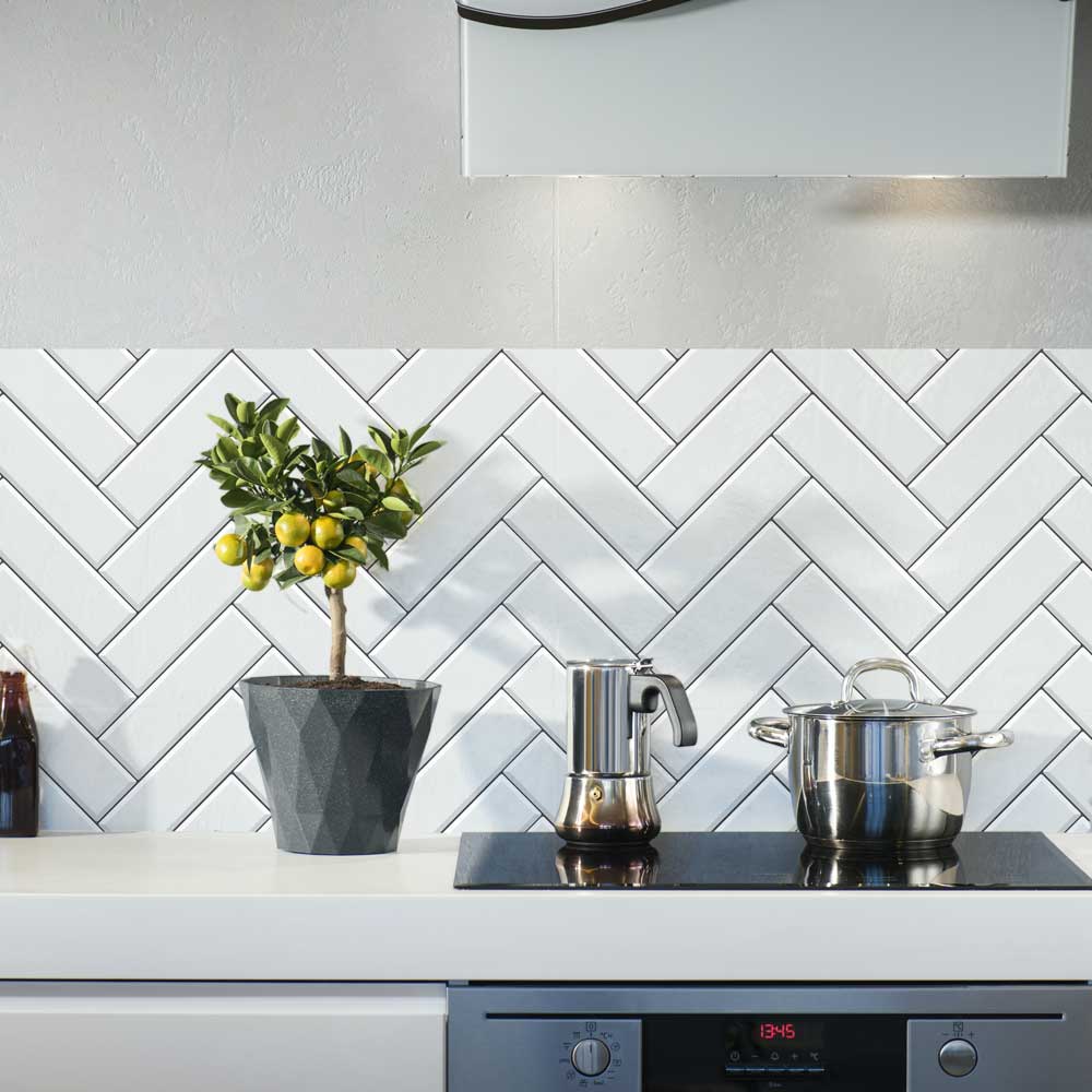 Herriene - Pure White Herringbone Tile Effect Vinyl Furniture Wrap