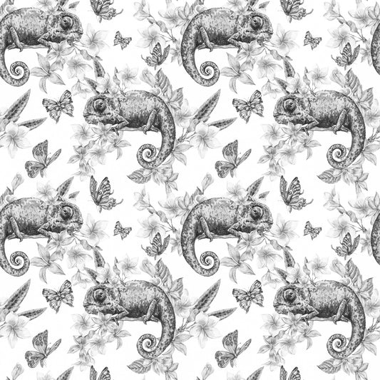 Jackson chameleon butterfly and flowers grey monochrome printed vinyl furniture wrap