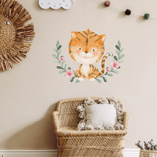 Baby tiger wall sticker by restowrap in a boho nursery with rattan furniture