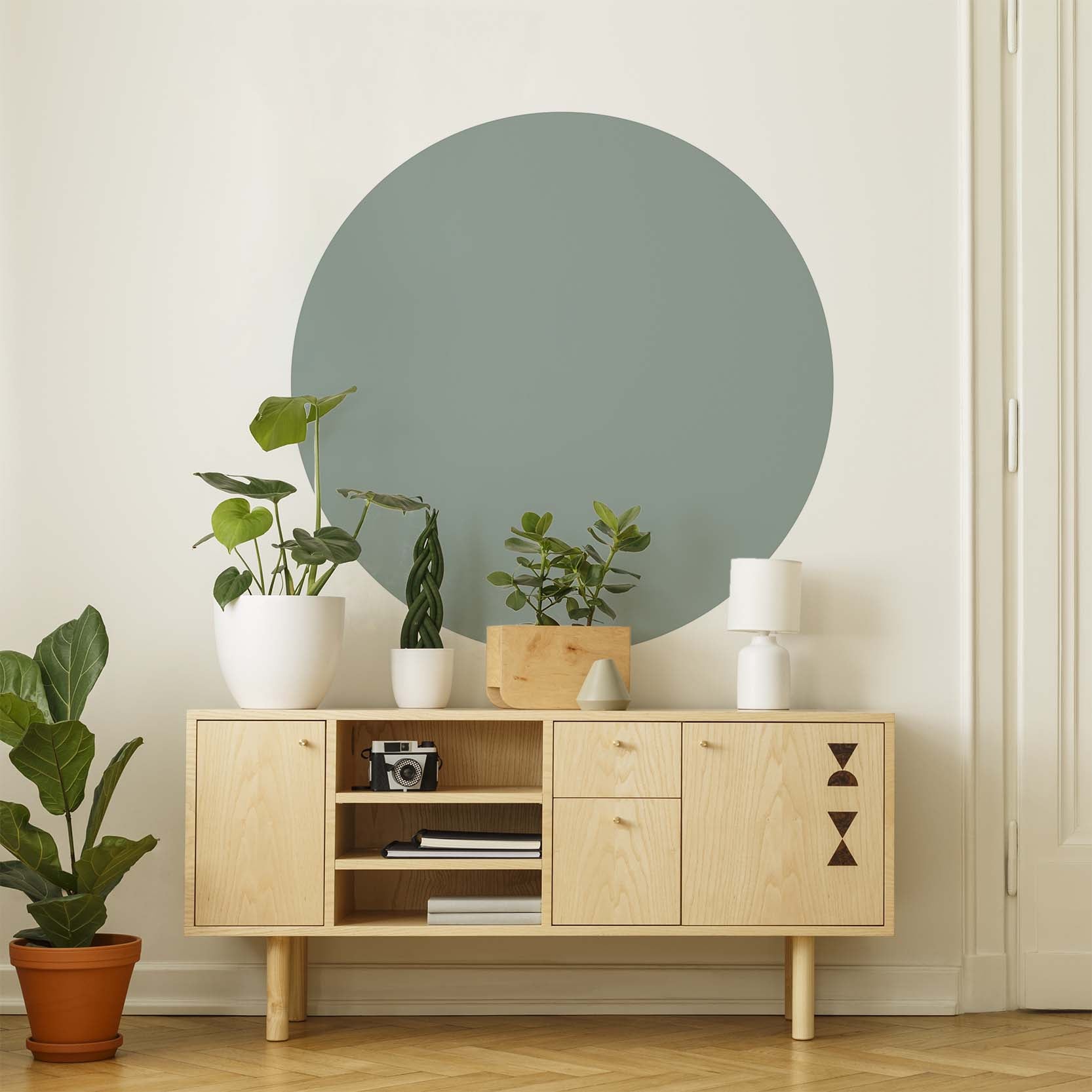 Image of Restowrap Green Round Wallsticker In Room With Wooden Cabinet Below It With Green Plants