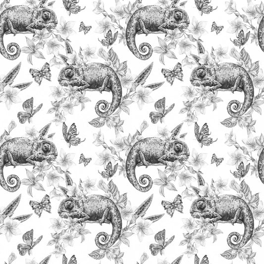 Jackson chameleon butterfly and flowers grey monochrome printed vinyl furniture wrap